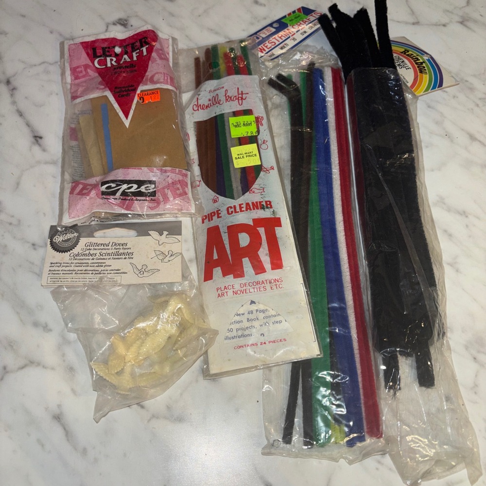 Vintage Craft Supply Lot Chenille Stems Pipe Cleaners Wilton Doves Stencils